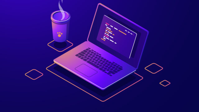 Laptop with program code isometric icon, software development and programming applications dark neon